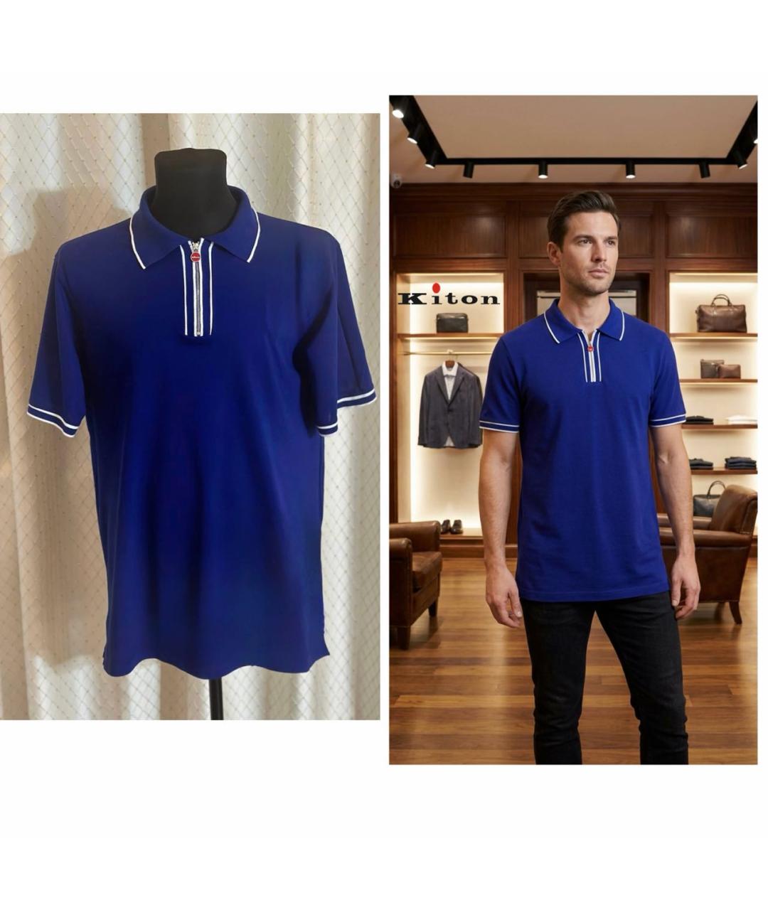 KITON Синее хлопковое поло с коротким рукавом, фото 3