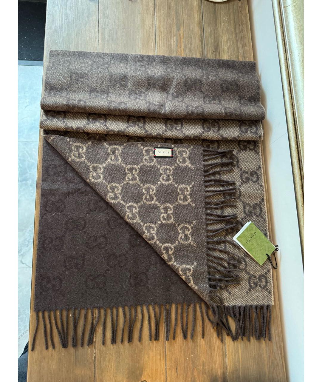 GUCCI Коричневый кашемировый шарф, фото 6