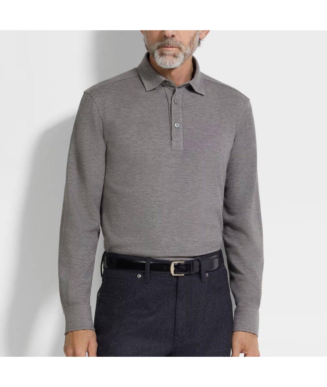 ZEGNA Серое хлопковое поло с длинным рукавом, фото 3