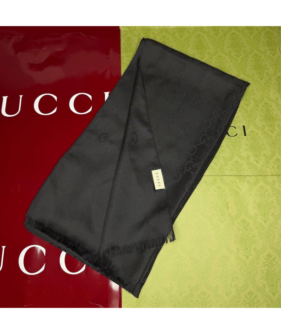 GUCCI Черный шерстяной шарф, фото 2