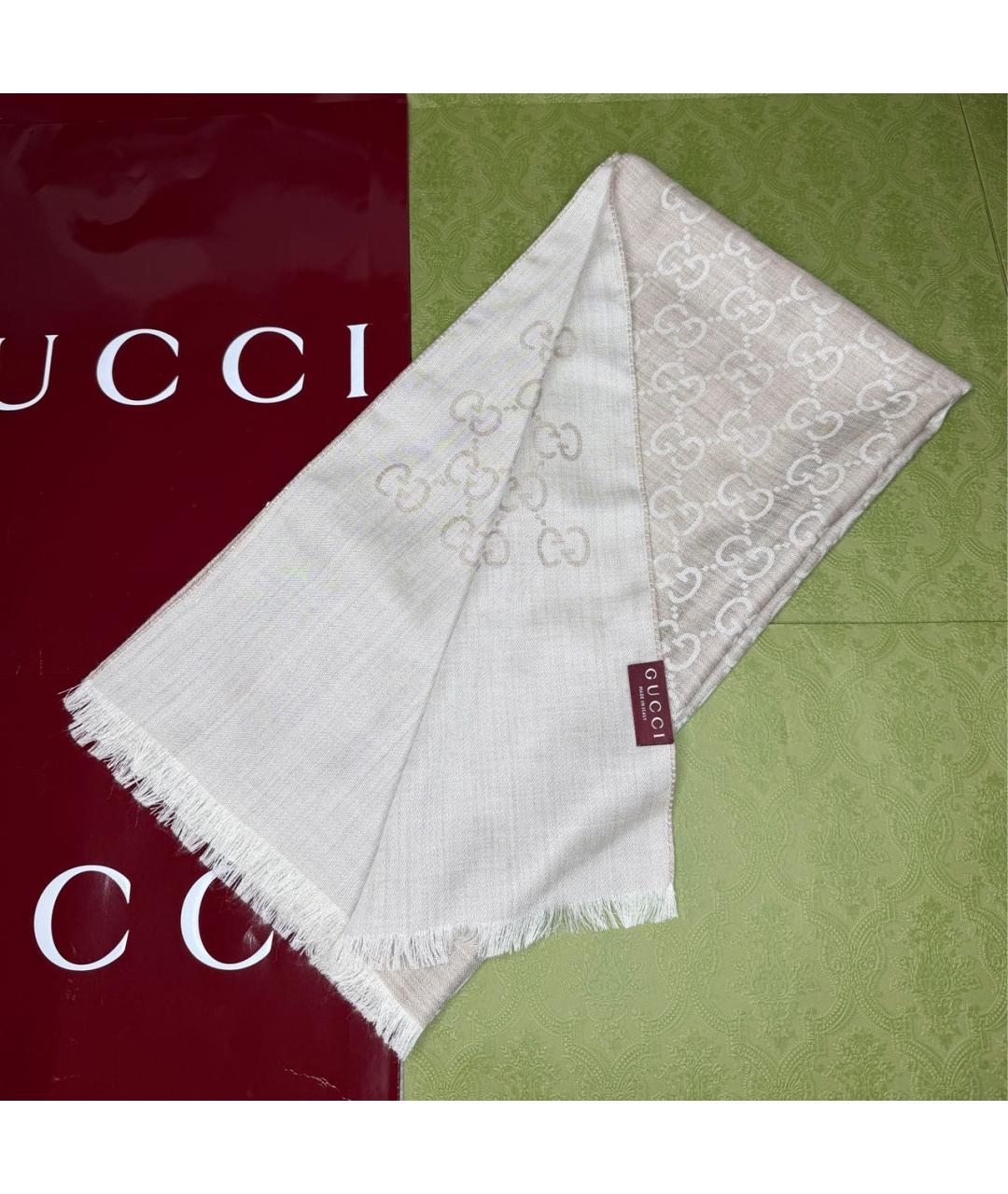 GUCCI Бежевый шерстяной шарф, фото 2