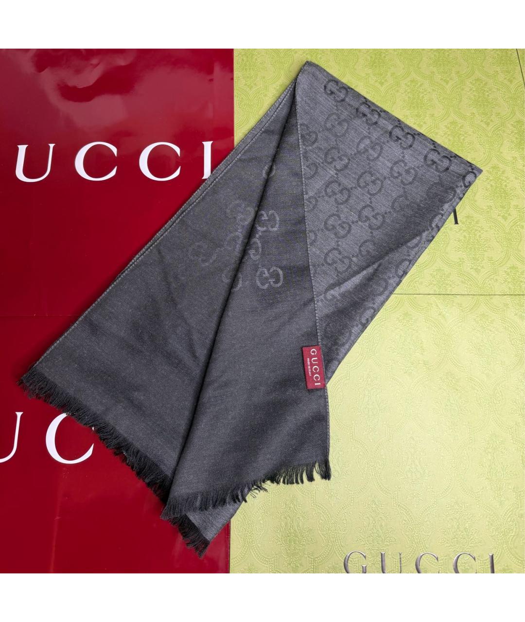 GUCCI Антрацитовый шерстяной шарф, фото 2