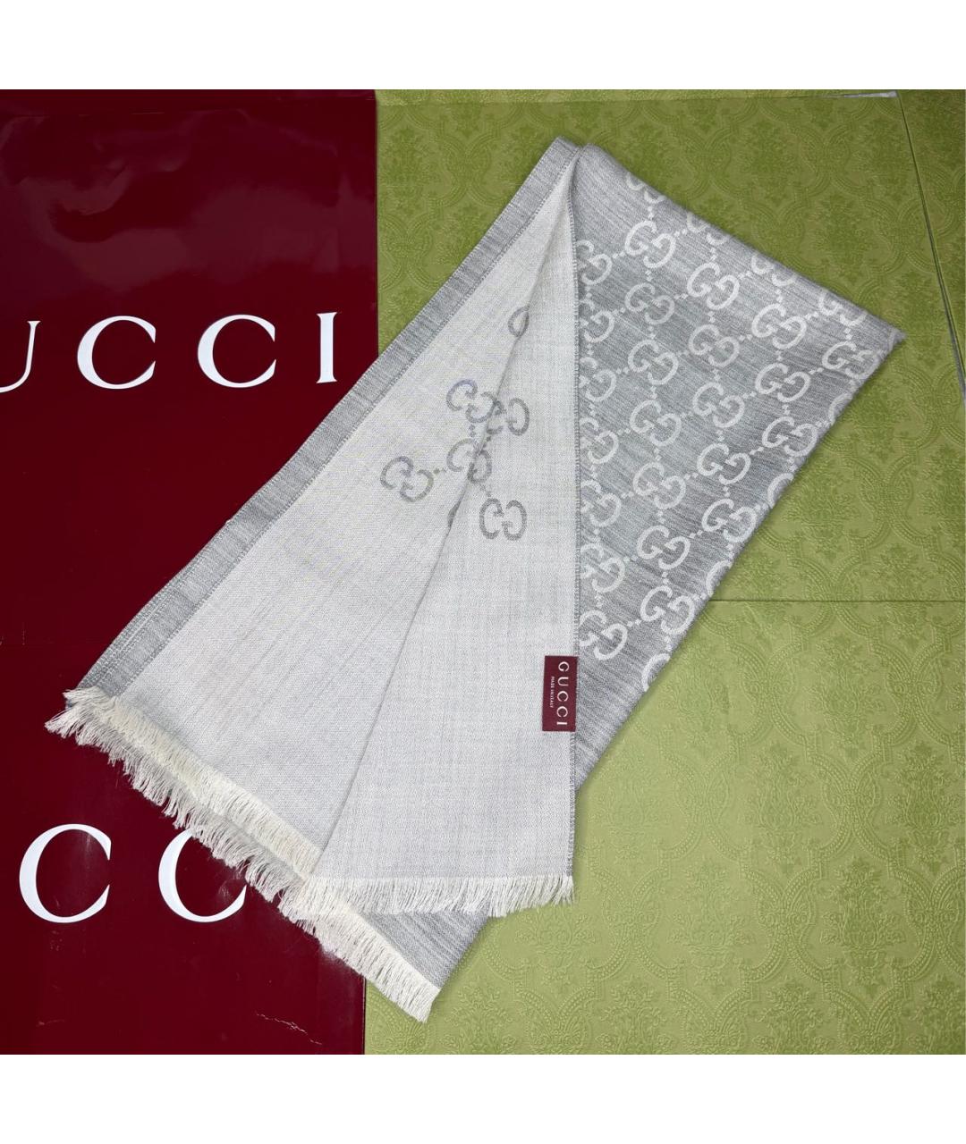 GUCCI Серый шерстяной шарф, фото 2