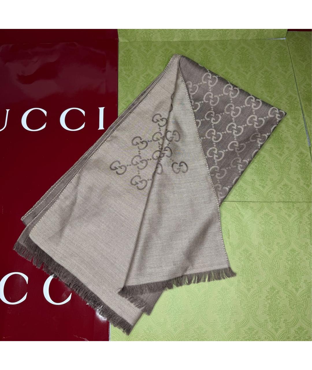 GUCCI Коричневый шерстяной шарф, фото 2