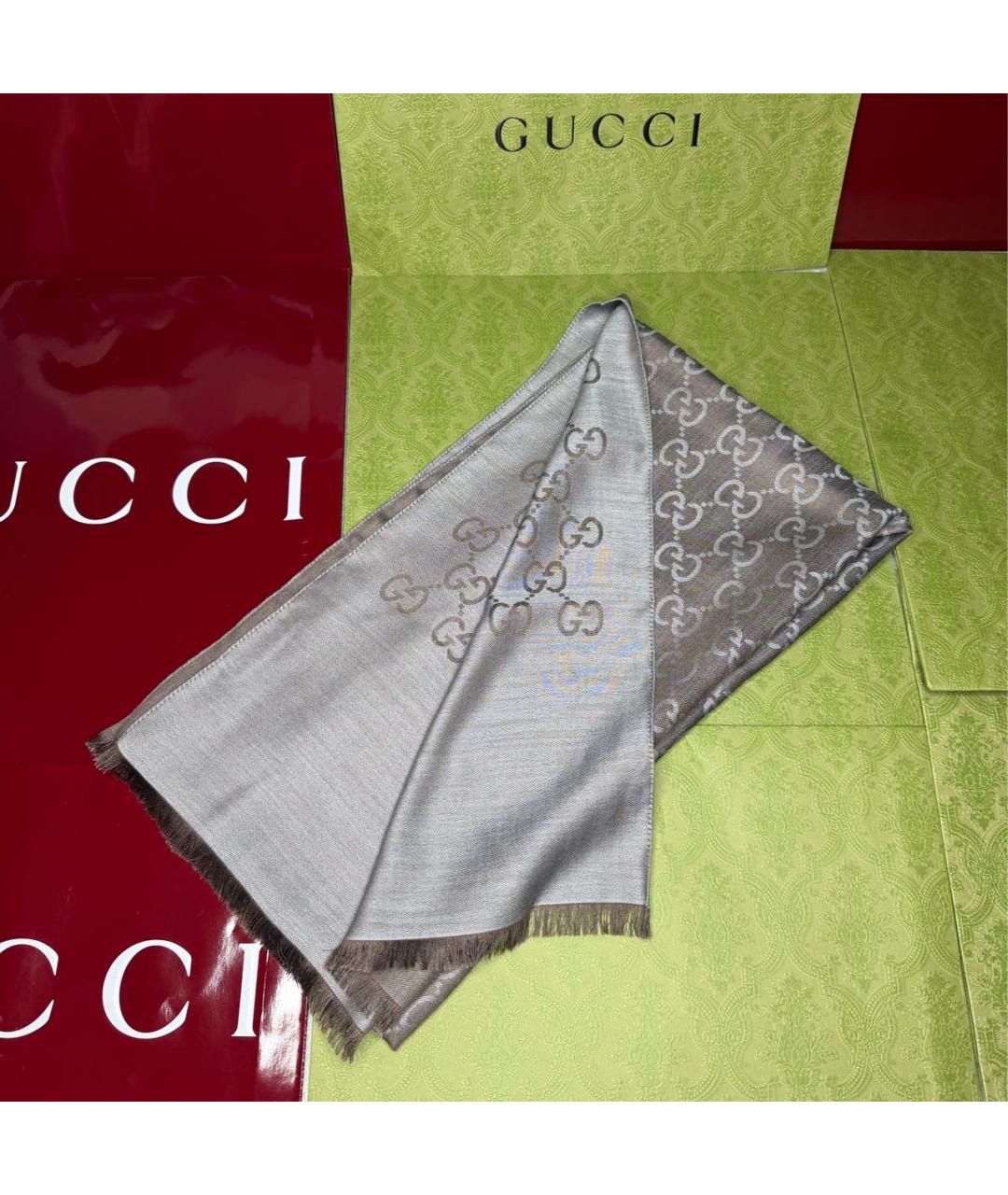 GUCCI Антрацитовый шерстяной шарф, фото 2