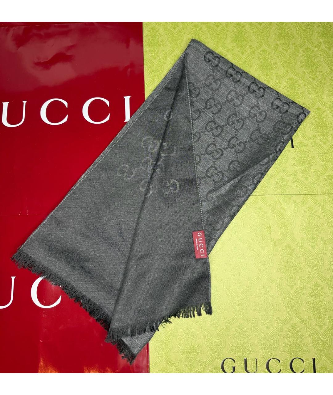 GUCCI Антрацитовый шерстяной шарф, фото 2