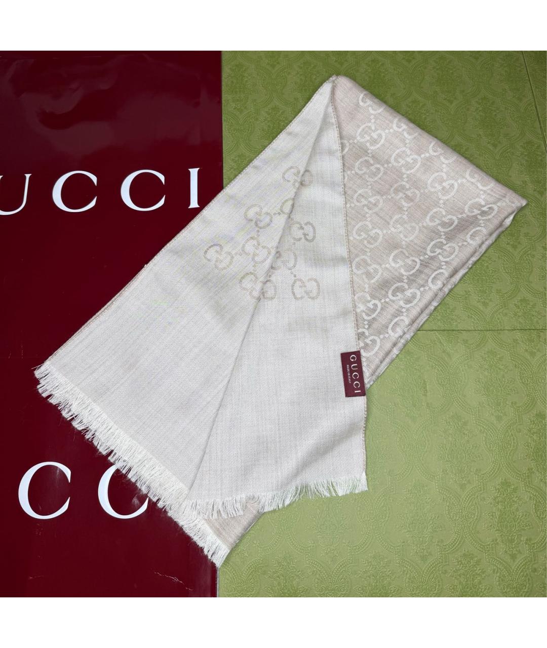 GUCCI Бежевый шерстяной шарф, фото 2