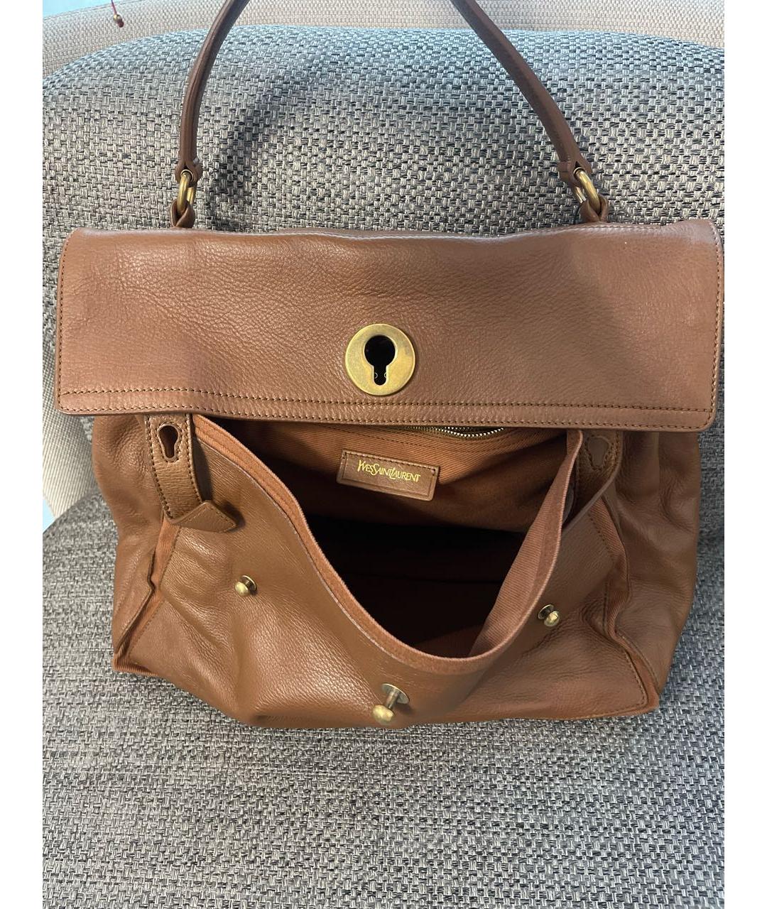 SAINT LAURENT Коричневая кожаная сумка с короткими ручками, фото 2