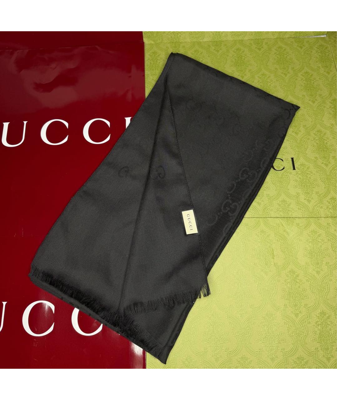 GUCCI Черный шерстяной шарф, фото 2