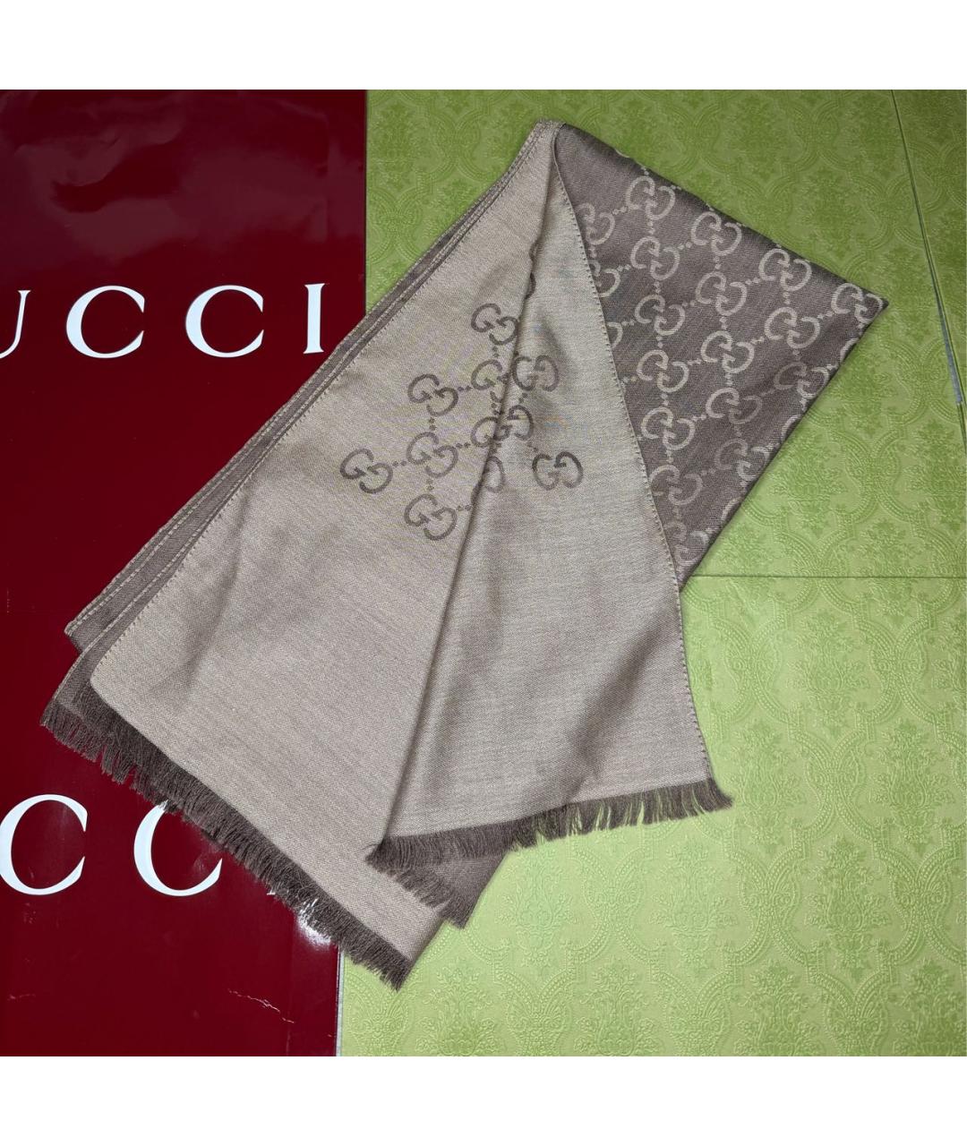 GUCCI Коричневый шерстяной шарф, фото 2