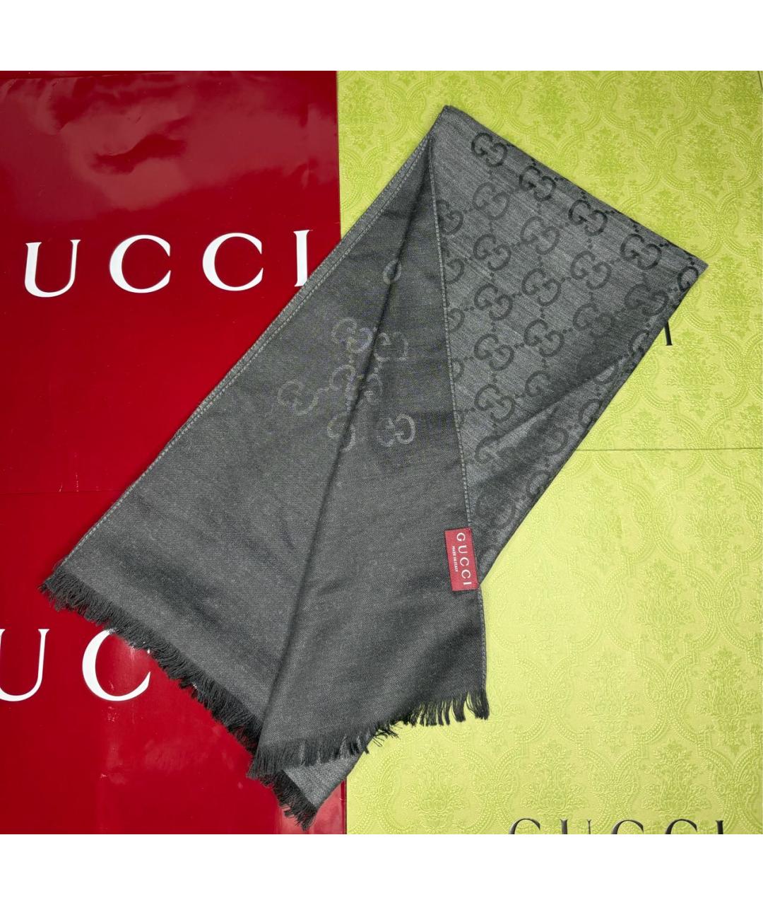 GUCCI Антрацитовый шерстяной шарф, фото 2