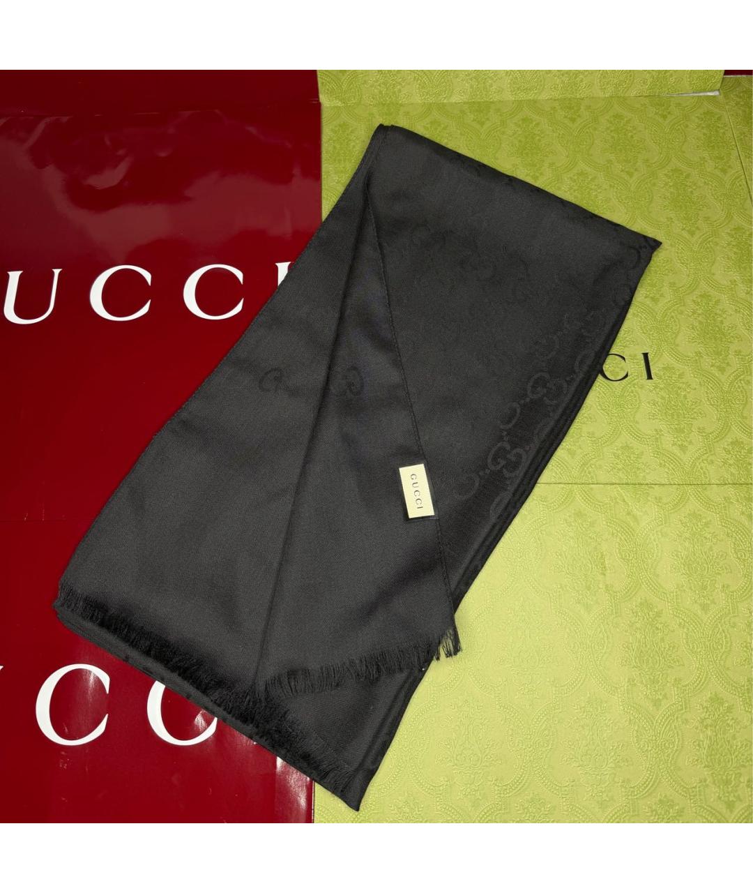 GUCCI Черный шерстяной платок, фото 2