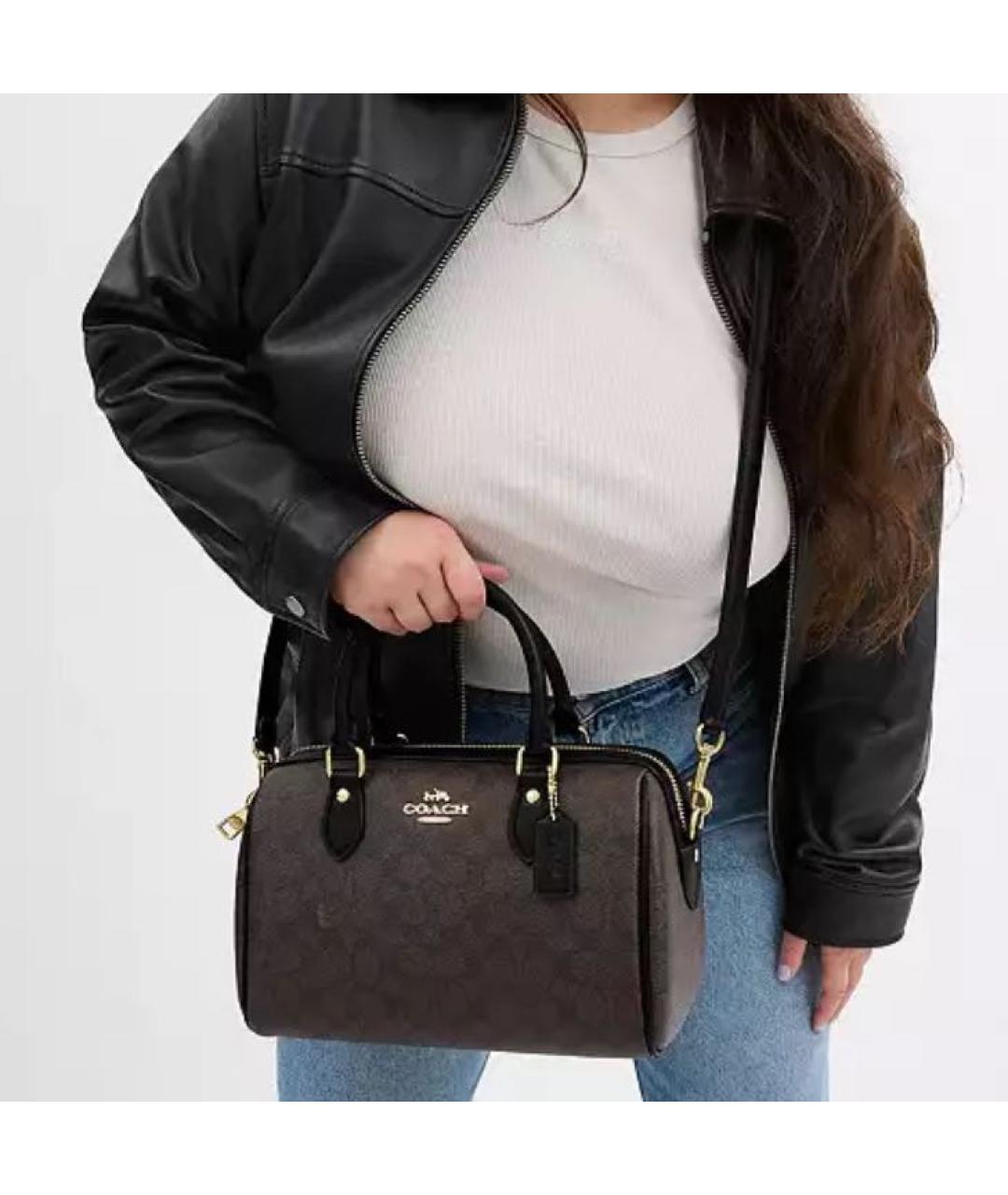 COACH Коричневая кожаная сумка с короткими ручками, фото 4