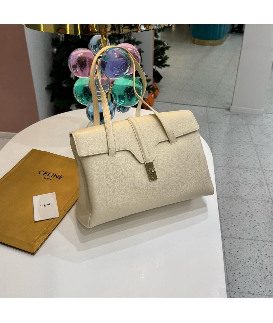 CELINE Бежевая кожаная сумка с короткими ручками, фото 7