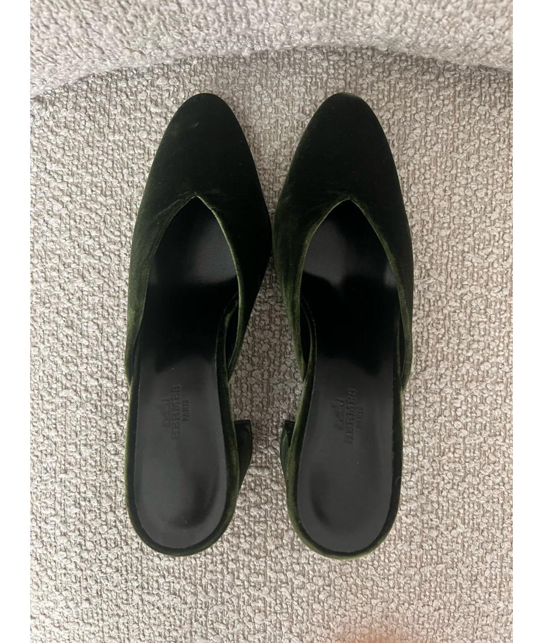 HERMES Зеленые бархатные мюли, фото 3