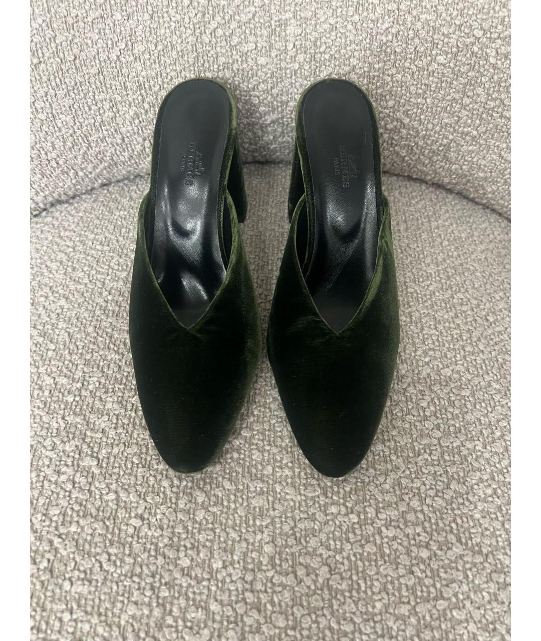 HERMES Зеленые бархатные мюли, фото 2