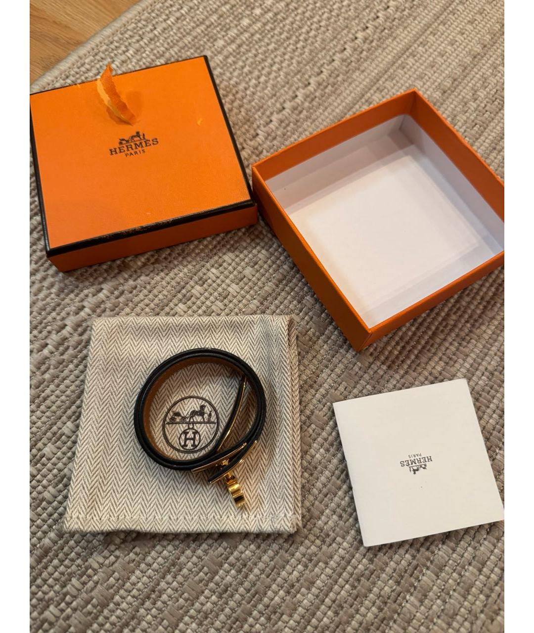 HERMES Черный кожаный браслет, фото 4