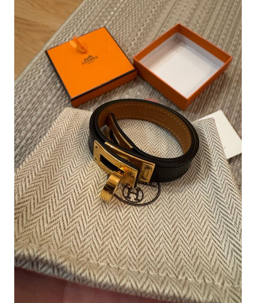 HERMES Черный кожаный браслет, фото 5