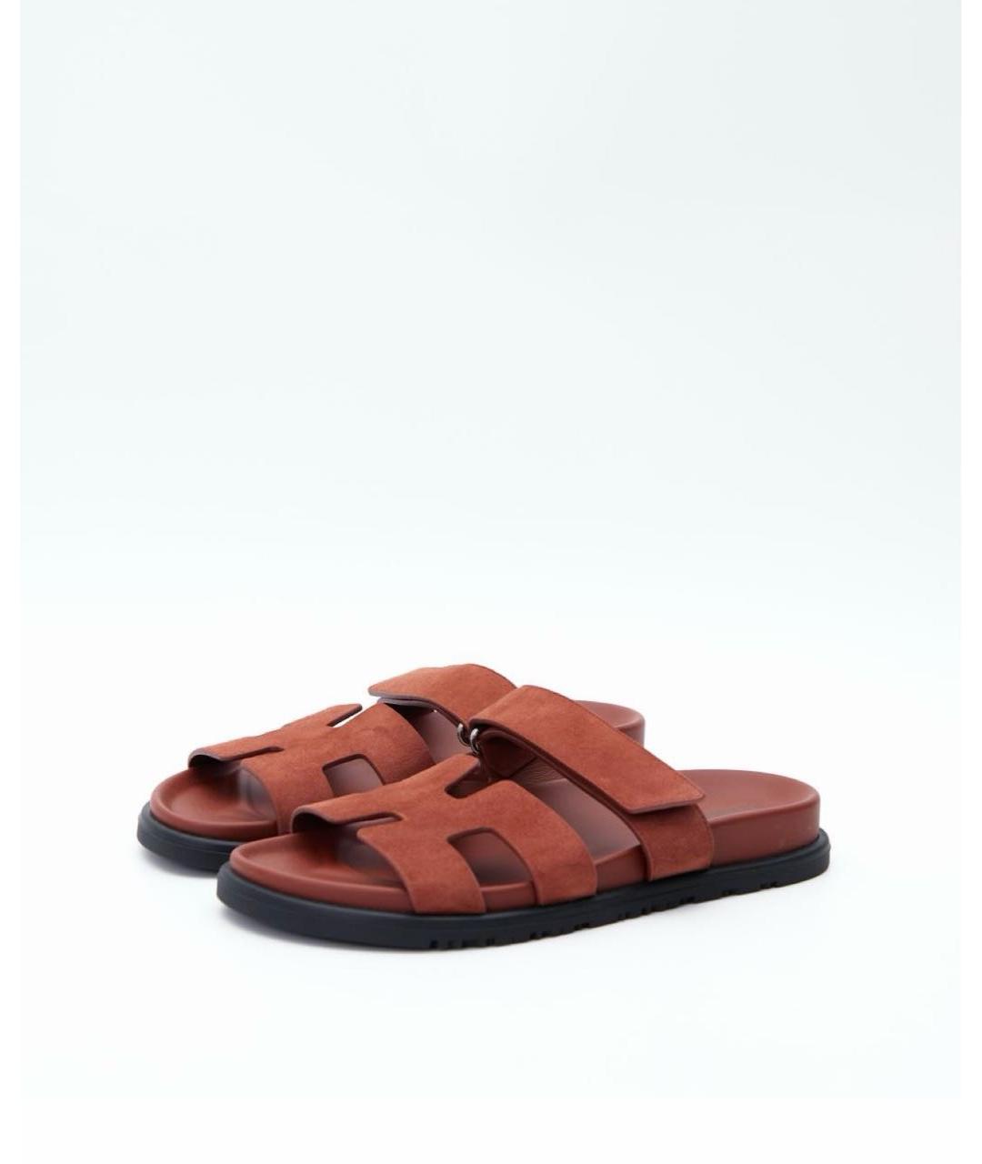 HERMES Оранжевое замшевые шлепанцы, фото 2
