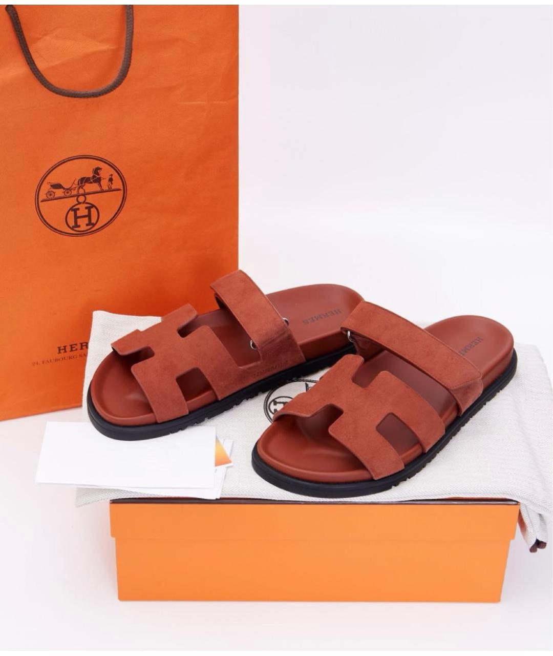 HERMES Оранжевое замшевые шлепанцы, фото 7