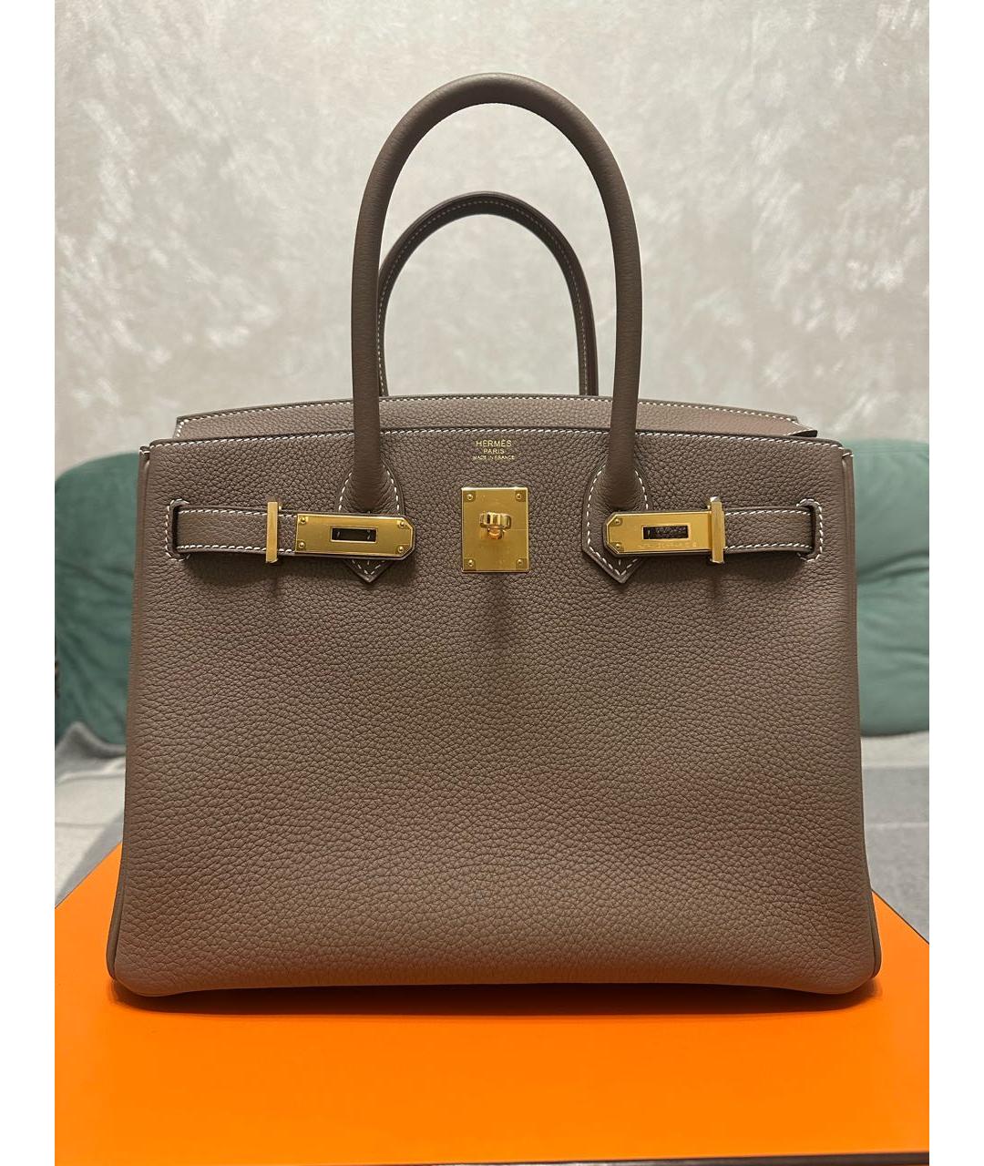 HERMES Серая кожаная сумка с короткими ручками, фото 6