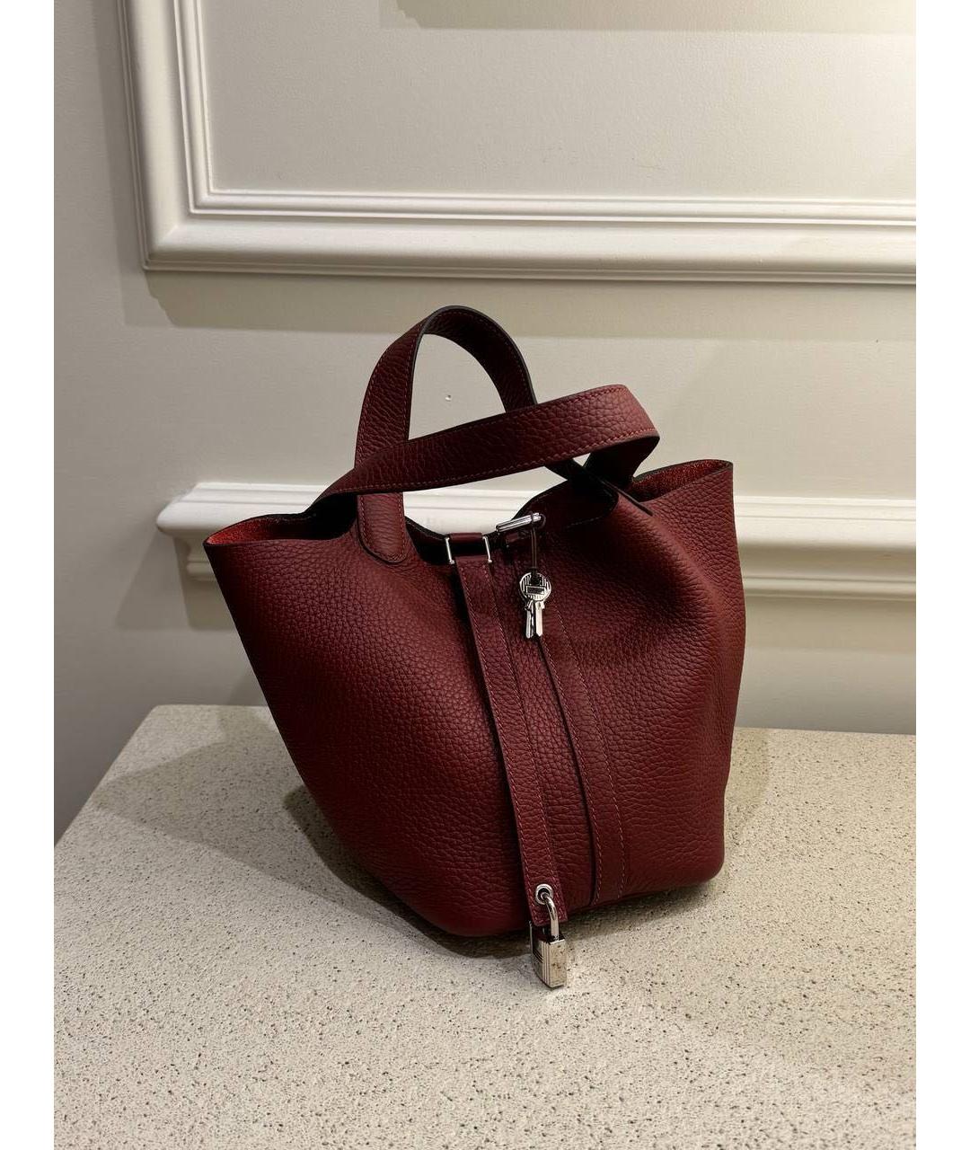 HERMES Бордовая кожаная сумка с короткими ручками, фото 3