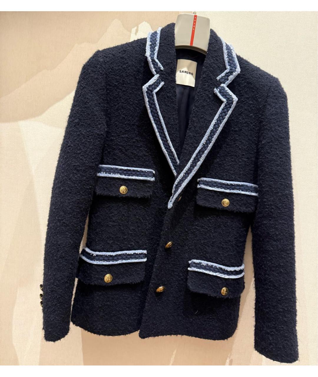 SANDRO Темно-синий твидовый жакет/пиджак, фото 8
