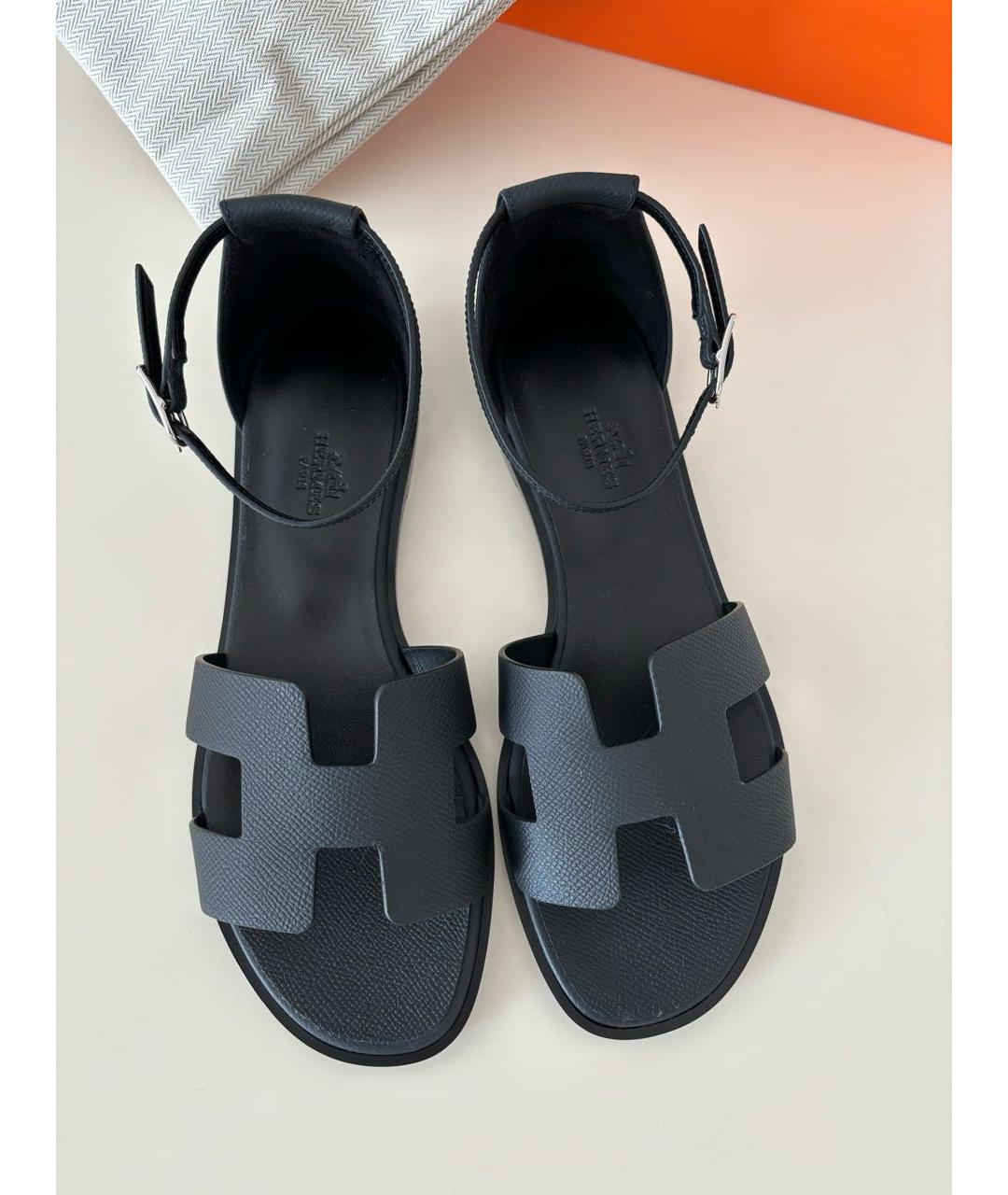 HERMES Черные кожаные сандалии, фото 3