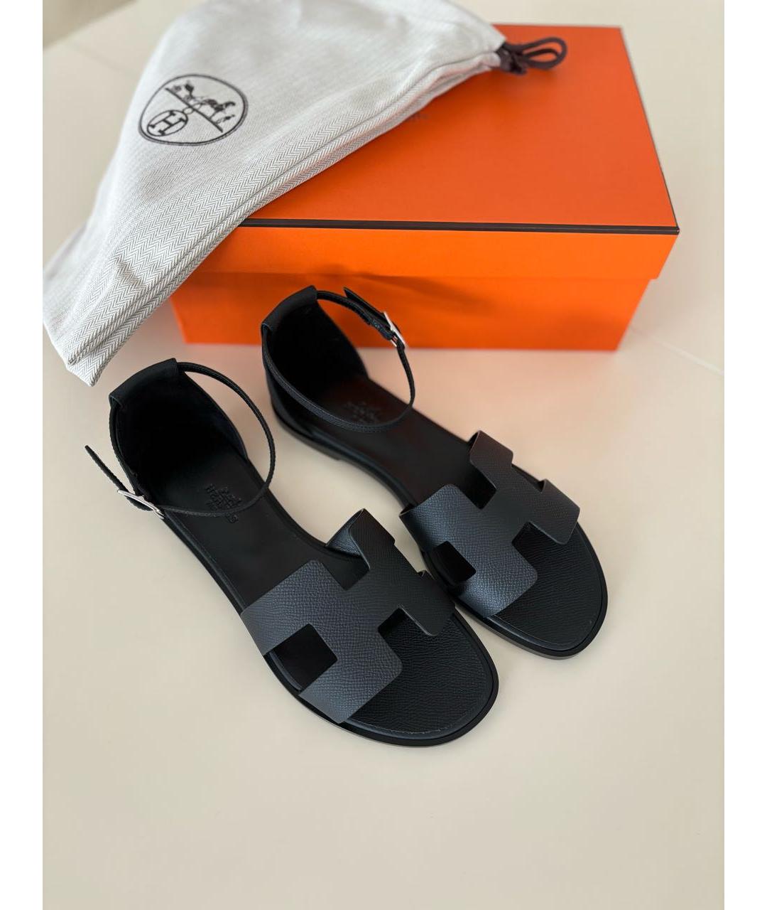 HERMES Черные кожаные сандалии, фото 7
