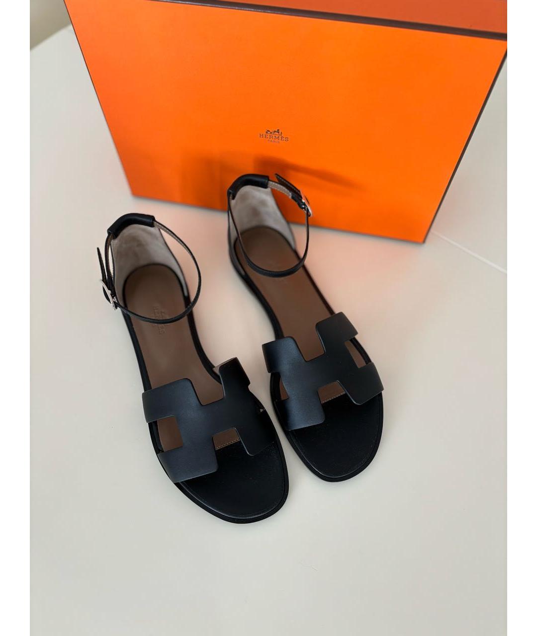 HERMES Черные кожаные сандалии, фото 6