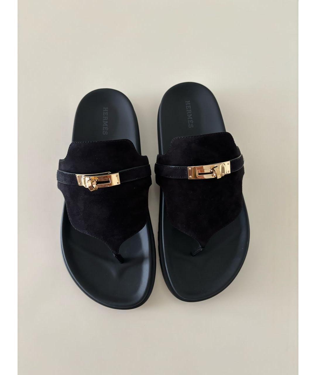 HERMES Черные замшевые шлепанцы, фото 2
