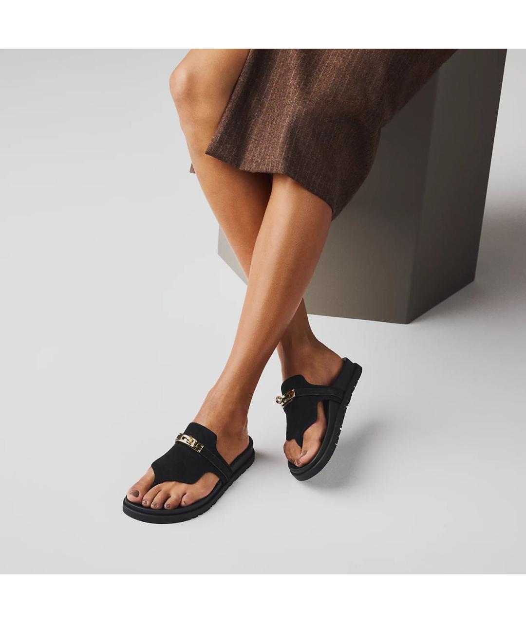 HERMES Черные замшевые шлепанцы, фото 8