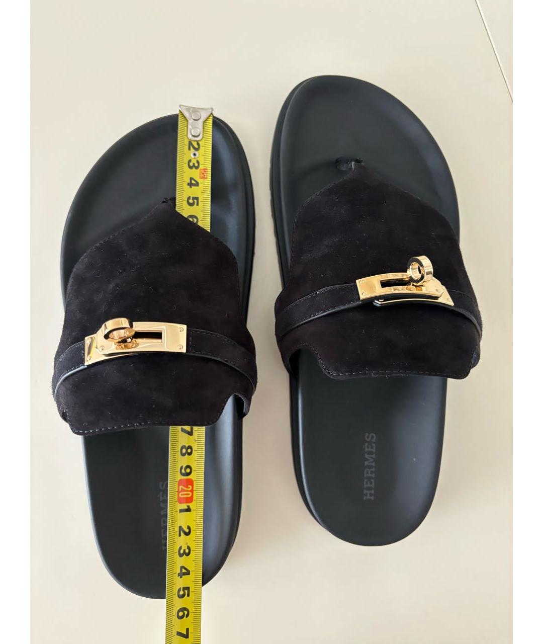 HERMES Черные замшевые шлепанцы, фото 6