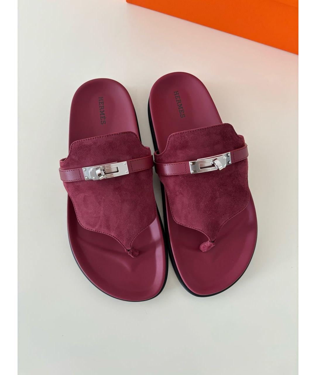 HERMES Бордовые замшевые шлепанцы, фото 2