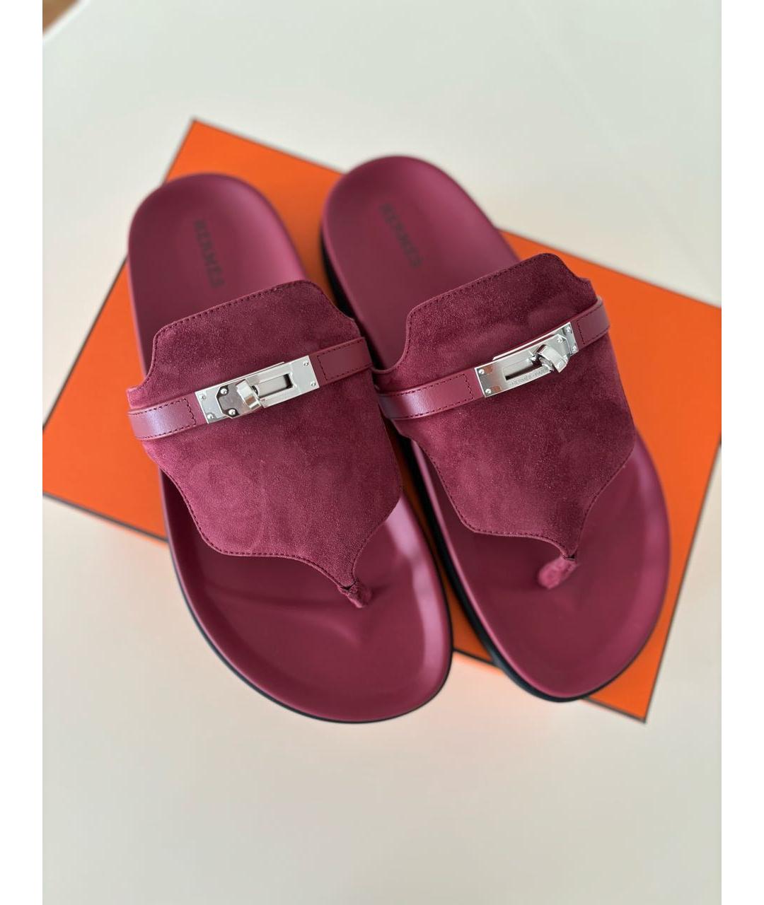 HERMES Бордовые замшевые шлепанцы, фото 7