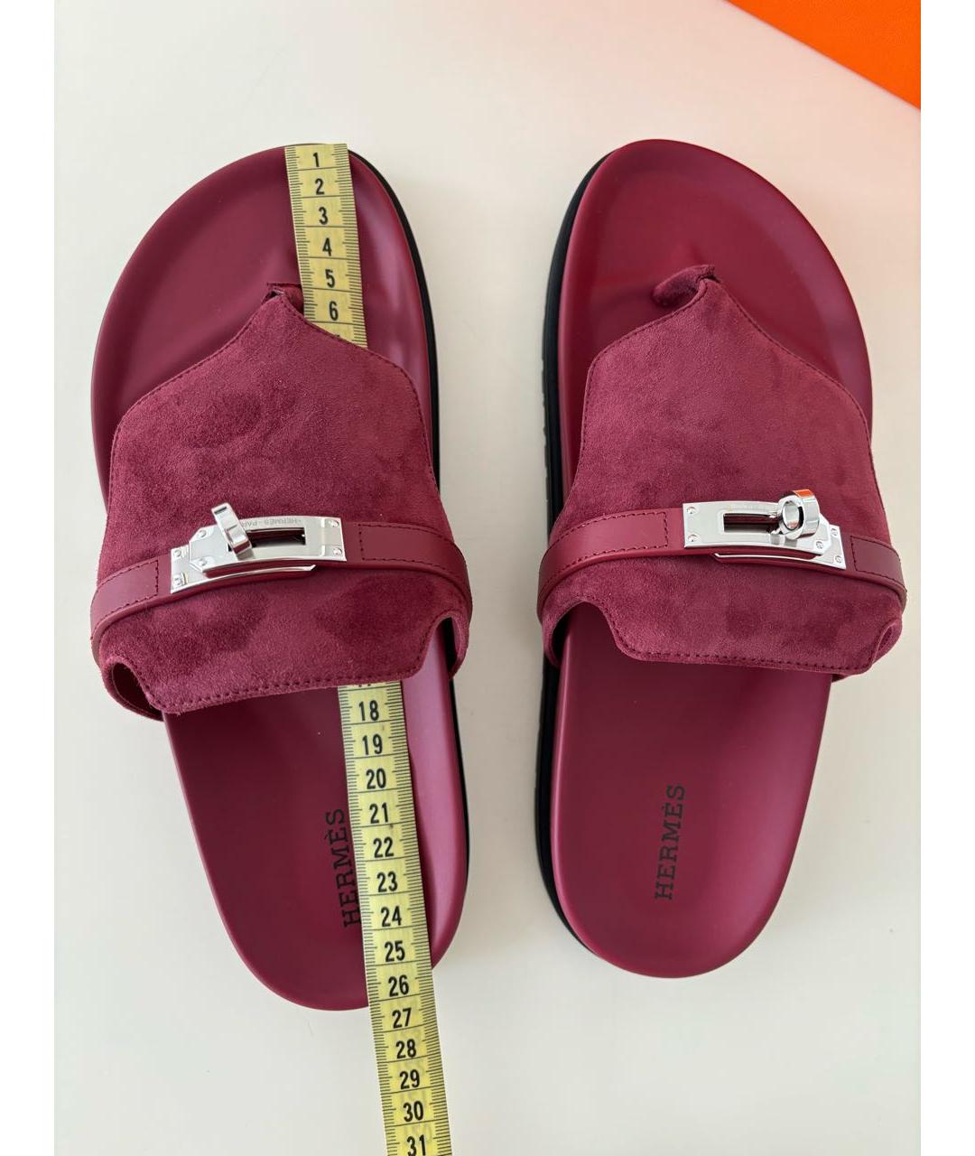 HERMES Бордовые замшевые шлепанцы, фото 5
