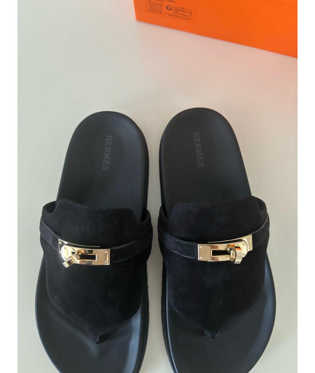 HERMES Черные замшевые шлепанцы, фото 4