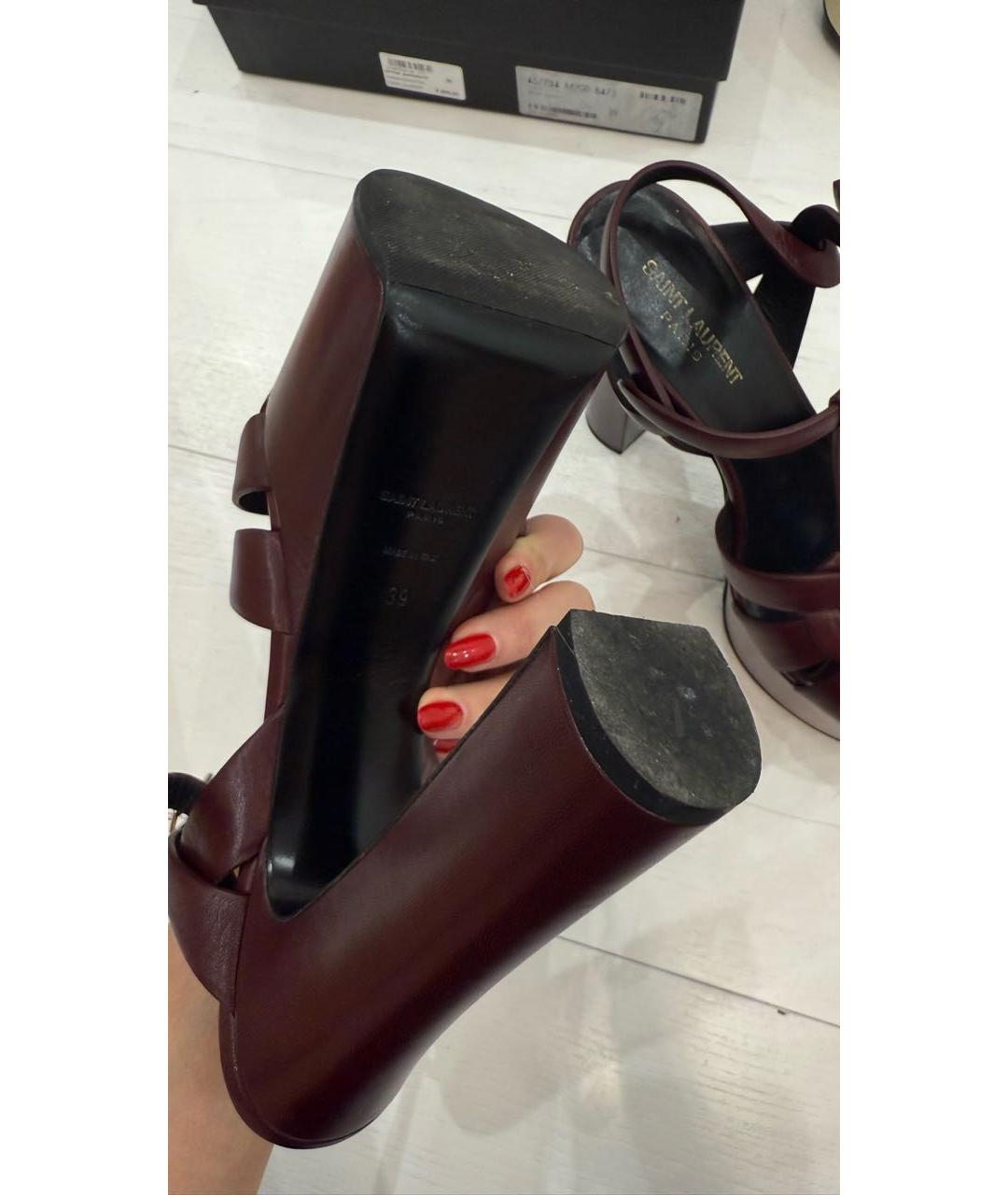 SAINT LAURENT Бордовые кожаные босоножки, фото 7