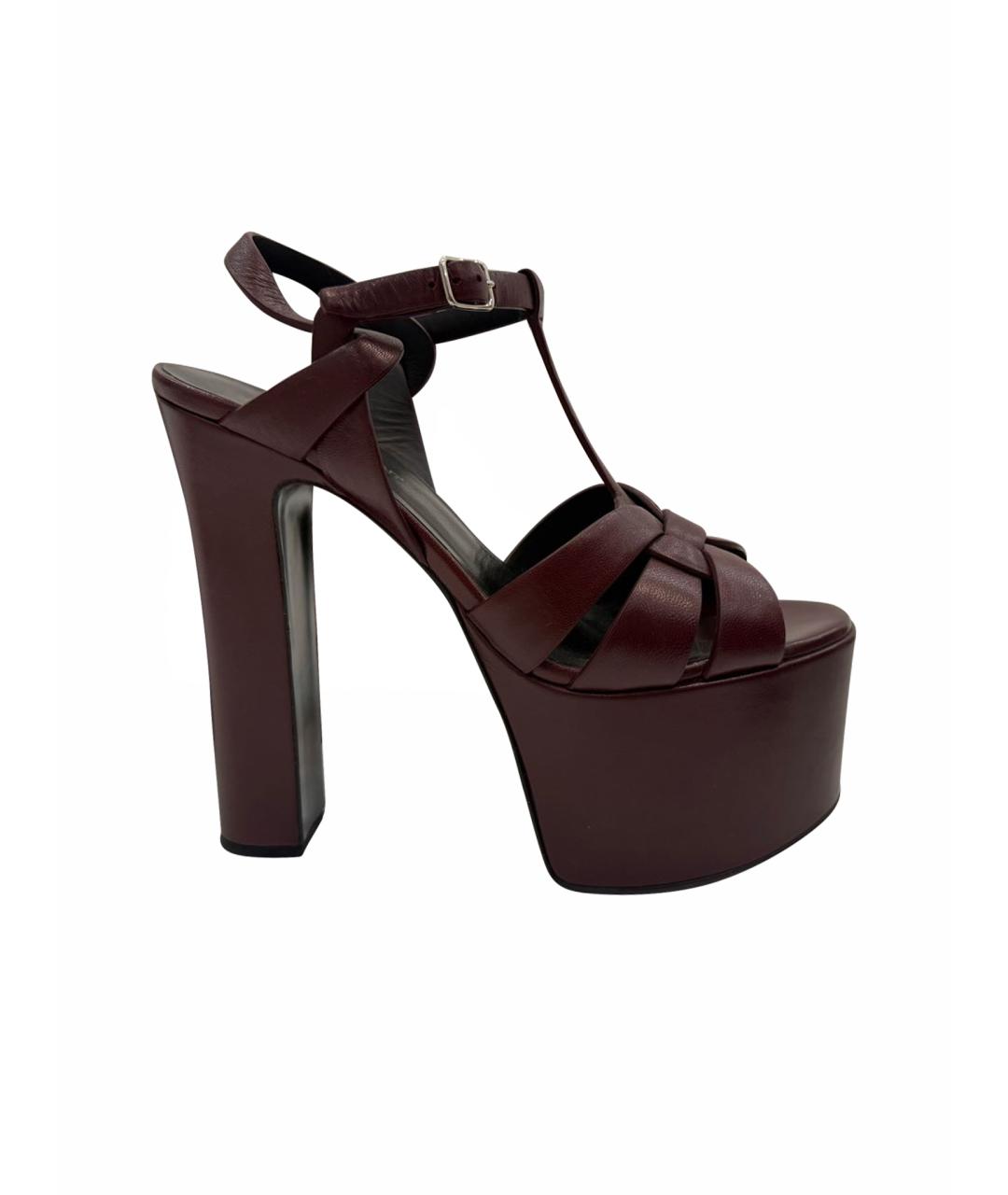 SAINT LAURENT Бордовые кожаные босоножки, фото 1
