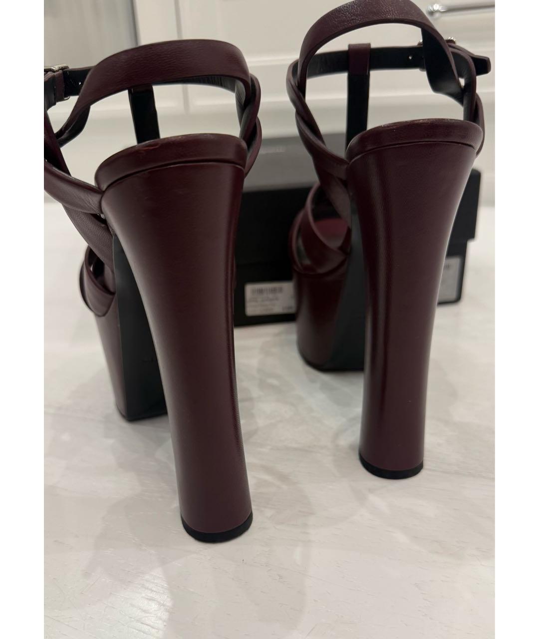 SAINT LAURENT Бордовые кожаные босоножки, фото 5