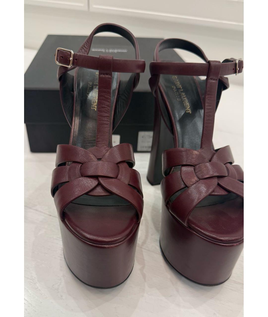 SAINT LAURENT Бордовые кожаные босоножки, фото 2