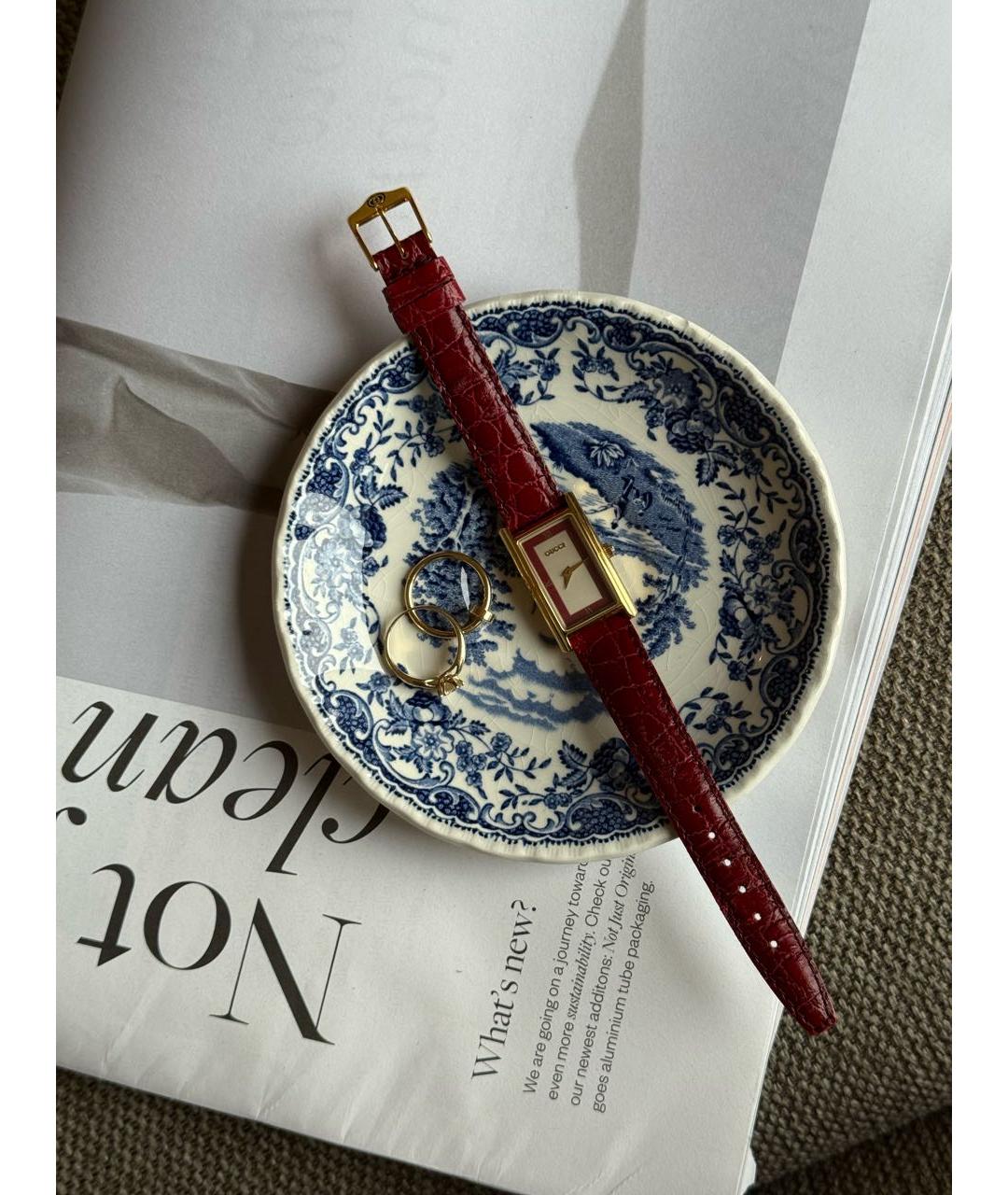 GUCCI Бордовые позолоченные часы, фото 8