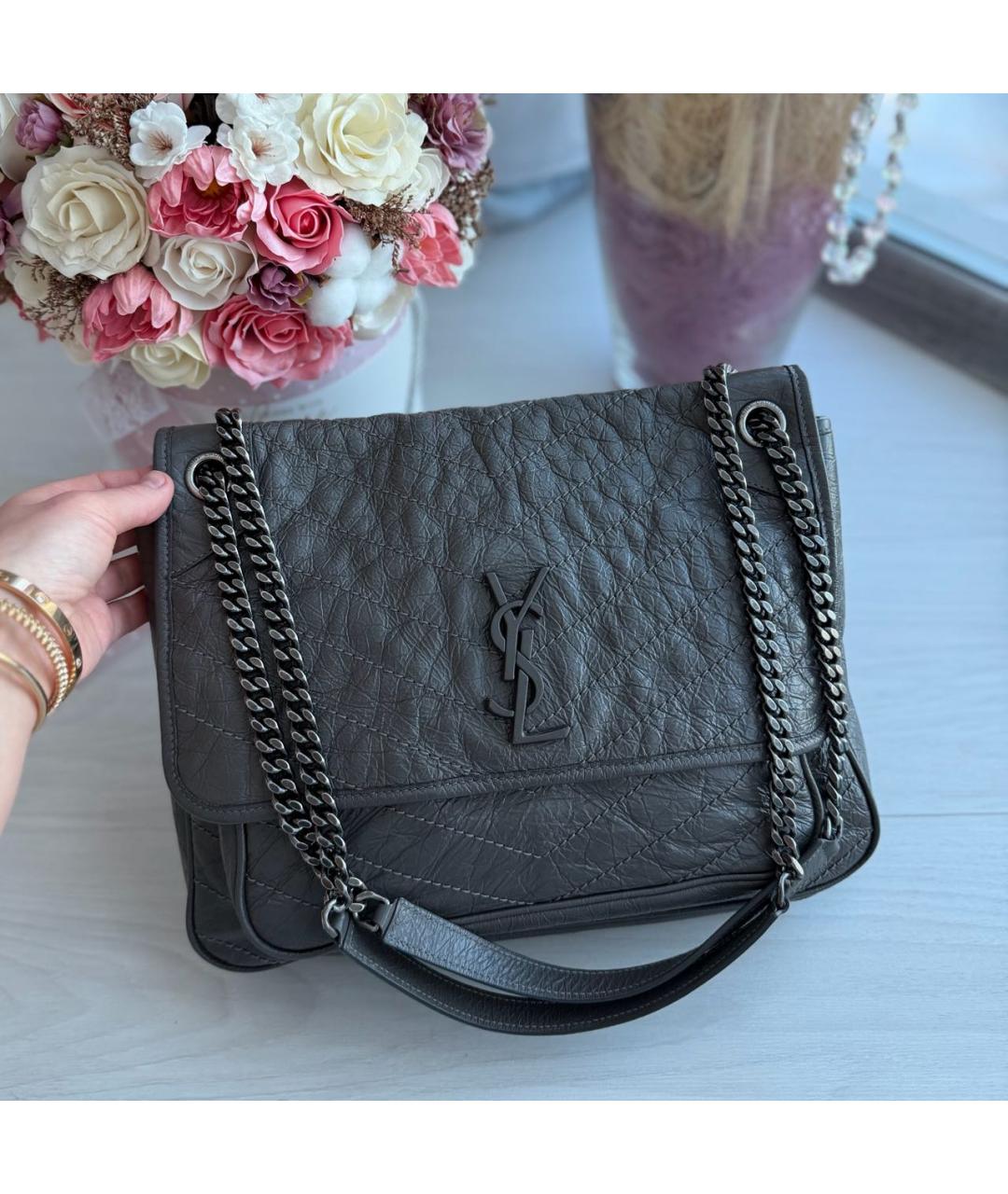 SAINT LAURENT Антрацитовая кожаная сумка через плечо, фото 7