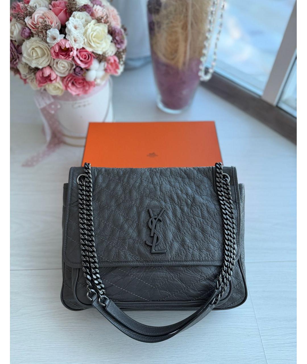 SAINT LAURENT Антрацитовая кожаная сумка через плечо, фото 2