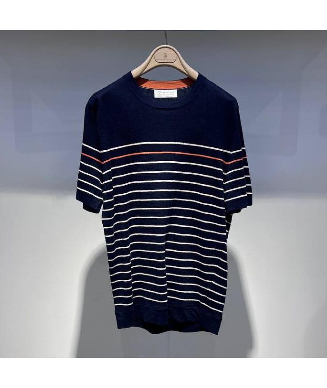 BRUNELLO CUCINELLI Темно-синяя хлопко-леновая футболка, фото 4