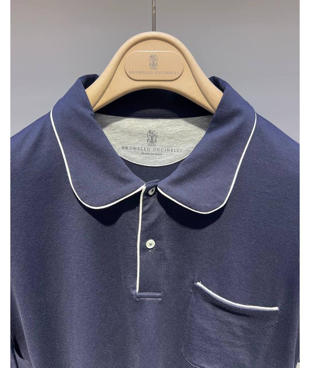 BRUNELLO CUCINELLI Темно-синее хлопковое поло с коротким рукавом, фото 3