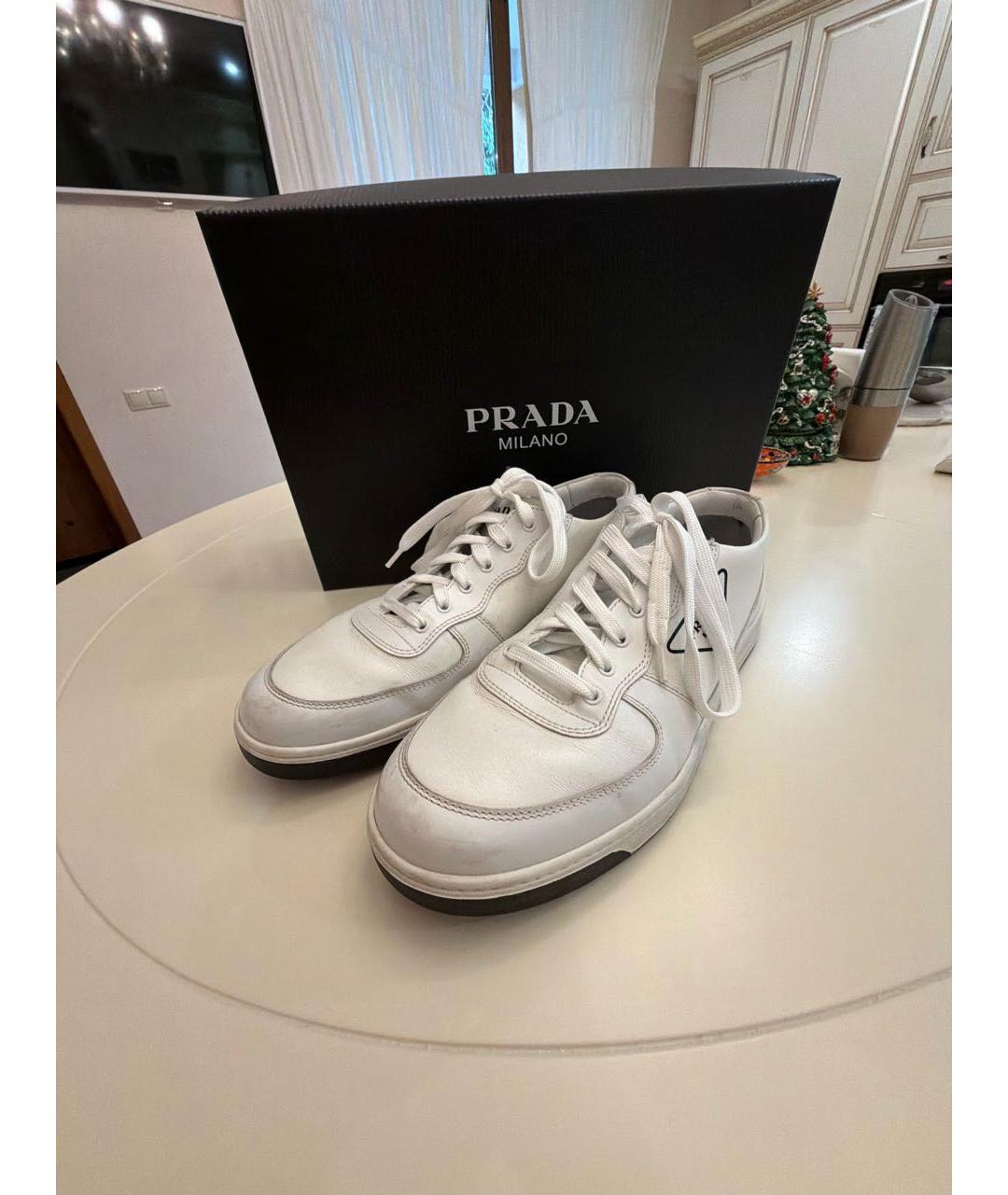 PRADA Белые кожаные низкие кроссовки / кеды, фото 7