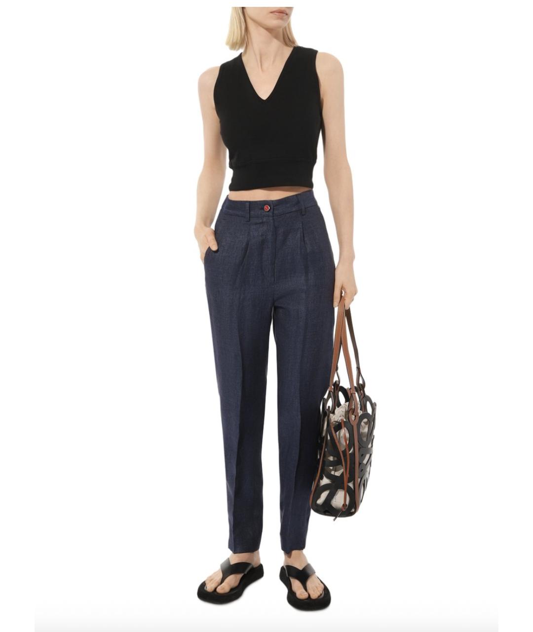 KITON Темно-синие льняные прямые брюки, фото 4