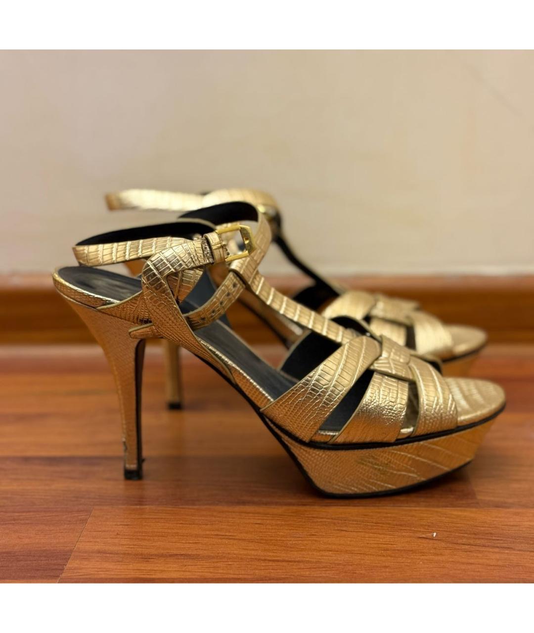 SAINT LAURENT Золотые кожаные босоножки, фото 7