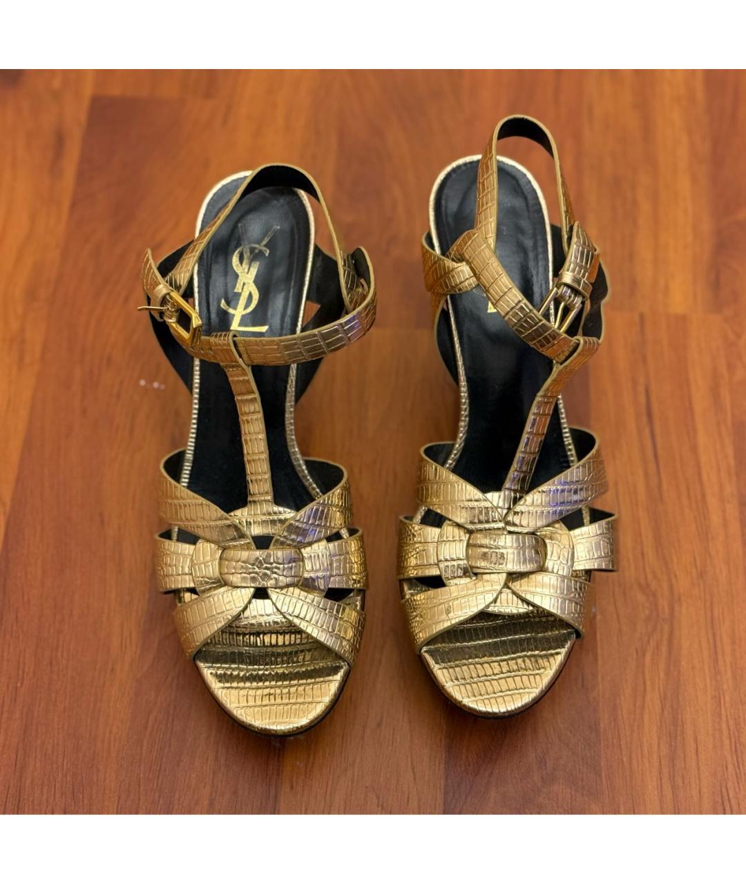 SAINT LAURENT Золотые кожаные босоножки, фото 2